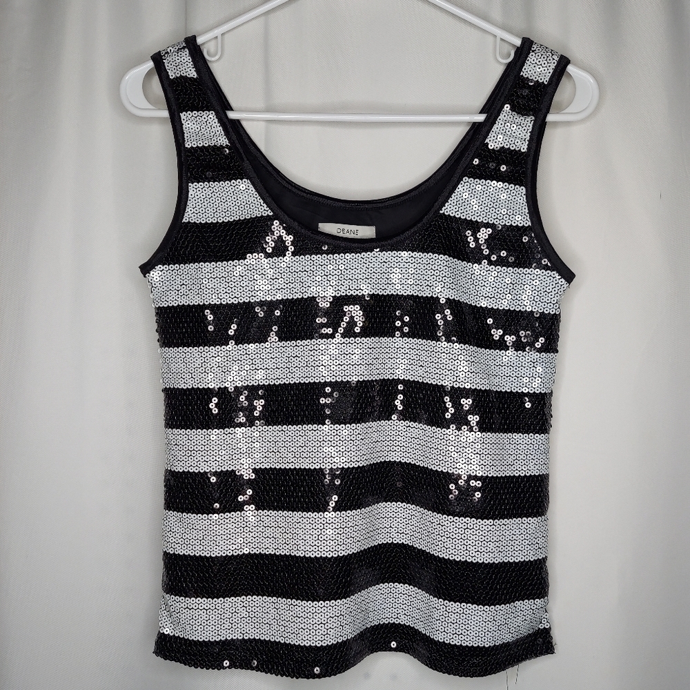 Deane Sequin Tank Top Women XS Black White Stripe Scoop‎ Neck Lined Blouse